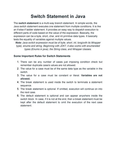 Switch In Java Notes