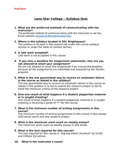 Syllabus Quiz Answers