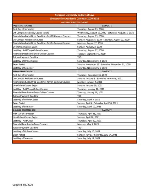 syracuse academic schedule