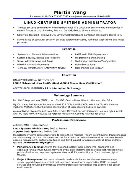 Sample Resume for an Experienced Systems Administrator