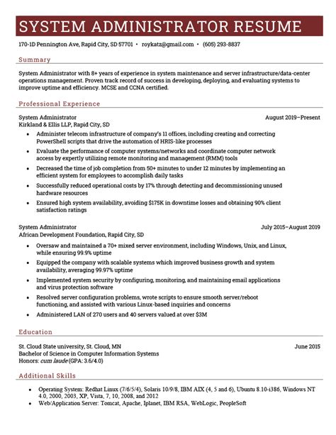 system administrator cv examples