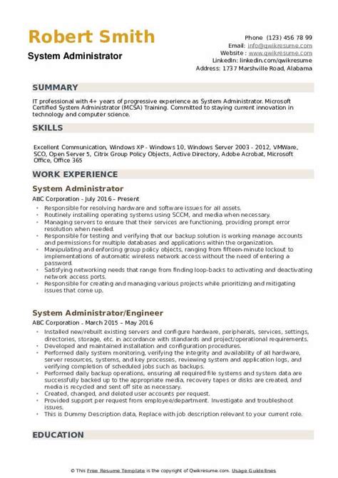 system administrator profile summary sample