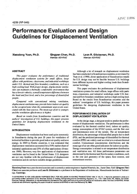 System Performance Evaluation And Design Guidelines For Displacement Ventilation
