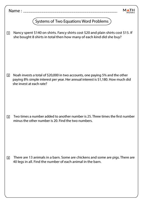 systems of equations word problems worksheet