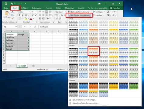 tabelle in excel formatieren