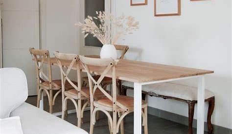 Table à manger ronde 90 cm en bois naturel et métal blanc