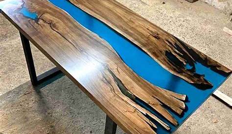 Table en bois massif et résine époxy bleu 200 cm "Bleu de