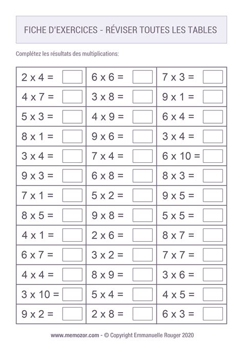 table de multiplication exercice