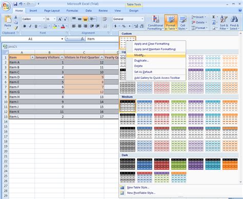 Table Excel Modify