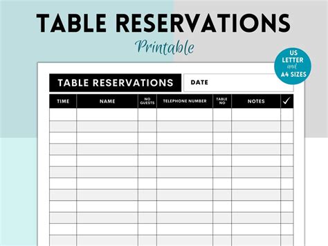 Table Reservation Cards Printable