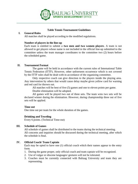 Table Tennis Tournament Guidelines