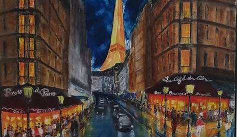 Paris de nuit. Peinture huile. M J Paysage urbain, Paris