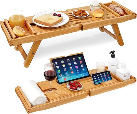 MQYZS Badewanne Caddy Tablett, Erweiterbares Holzregal, Eingebauter Weinglashalter, Tablet