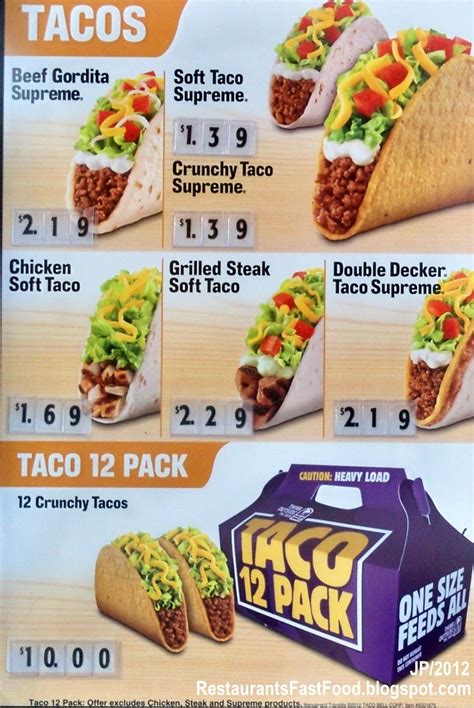 Taco Bell Menue Printable