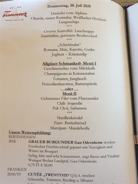 Tanneck Schellbach Speisekarte