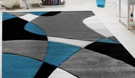 Tapis Salon Bleu Canard Et Gris Hagen, En Laine Hexagonal 150 X 180 Cm,