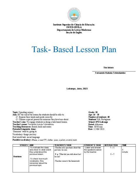 task based language teaching sample lesson plan