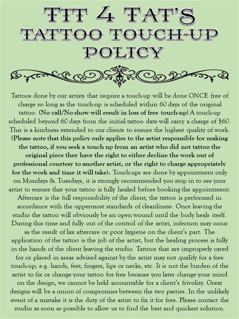 tattoo touch up policy
