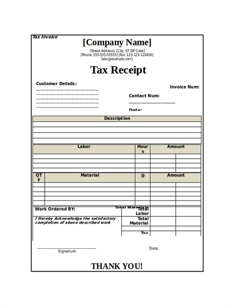 Free Blank Printable Tax Receipt Template with Example in PDF