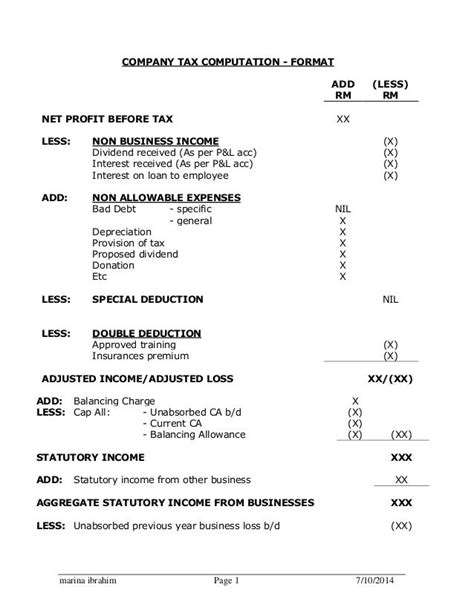 tax computation sheet format
