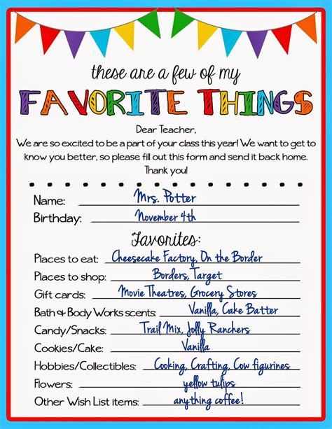 3 Teacher Favorite Things Printable Questionnaires for Teacher Gifts
