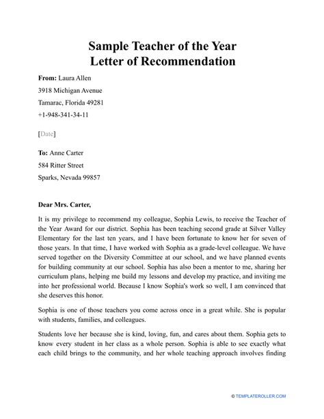 Teacher of the Year Recommendation Letter