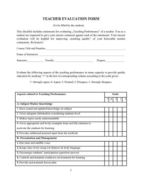 teacher performance evaluation form template