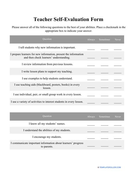 teacher self evaluation form template