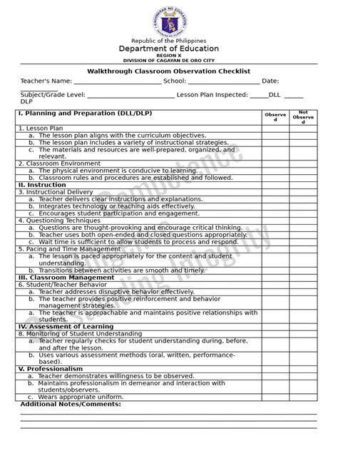 Teacher Walkthrough Observation Checklist