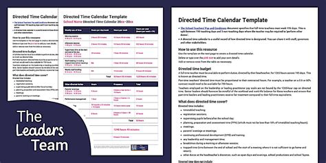 Teachers Directed Time Calendar