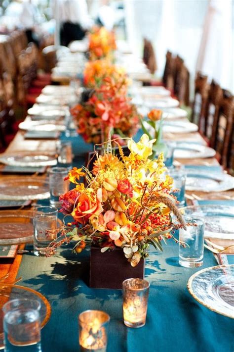 Teal And Orange Wedding Fall Table Settings