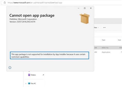 teams installer cannot open app package