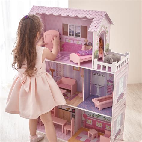 Olivia's Little World Childrens Wooden Large Pink Mansion Dolls House