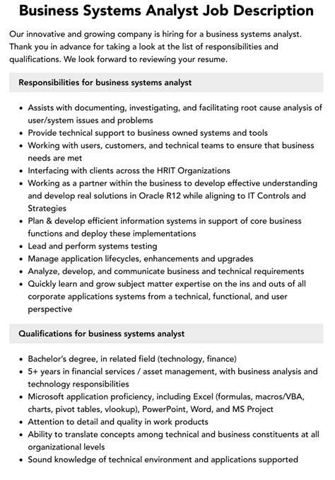 technical business systems analyst job description