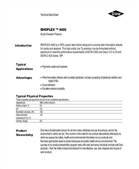 technical data sheet sample pdf