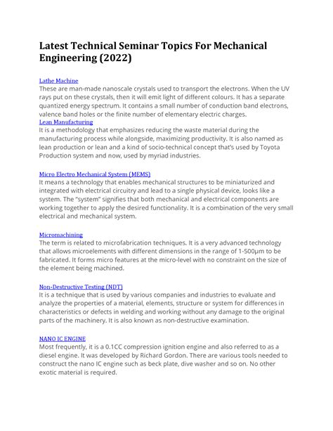 technical topics for mechanical engineering