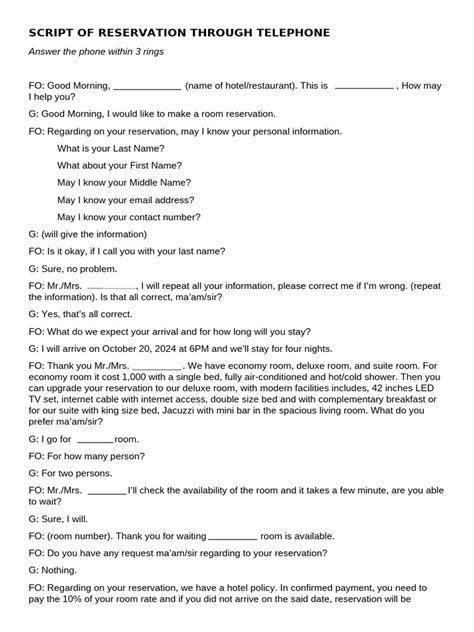 Telephone Conversation Telephone Reservation Script