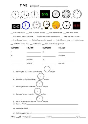 Telling Time In French Test