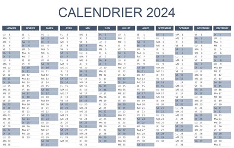 Template Calendrier 2024 Excel