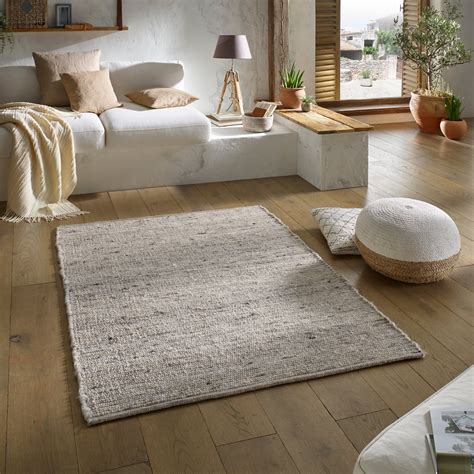 Natur Teppich Aus Wolle Gestreift Grau teppichmax