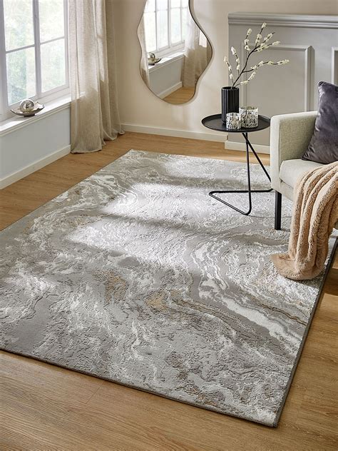 Wohnzimmerteppich Kurzflor Teppich Marmor Design Marmoriert Silber