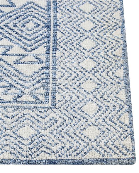 Teppich Wohnzimmer Shaggy Rauten Creme Blau Teppich, Teppich