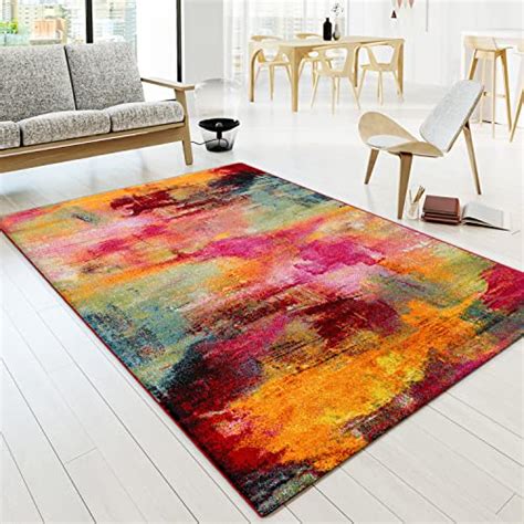 Wohnzimmer Teppich Bunt Kurzflor Retro Muster Abstraktes Design Boho
