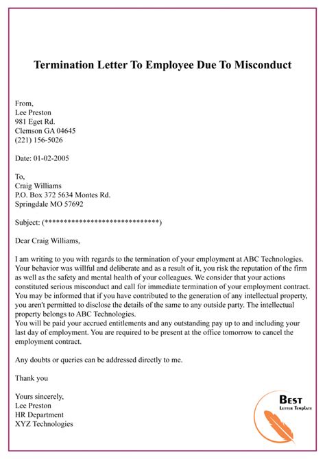 Termination Letter Due To Misconduct
