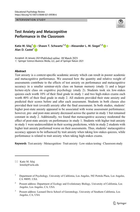 Test Anxiety And Metacognitive Performance In The Classroom