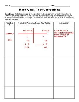 Test Corrections Worksheet Math