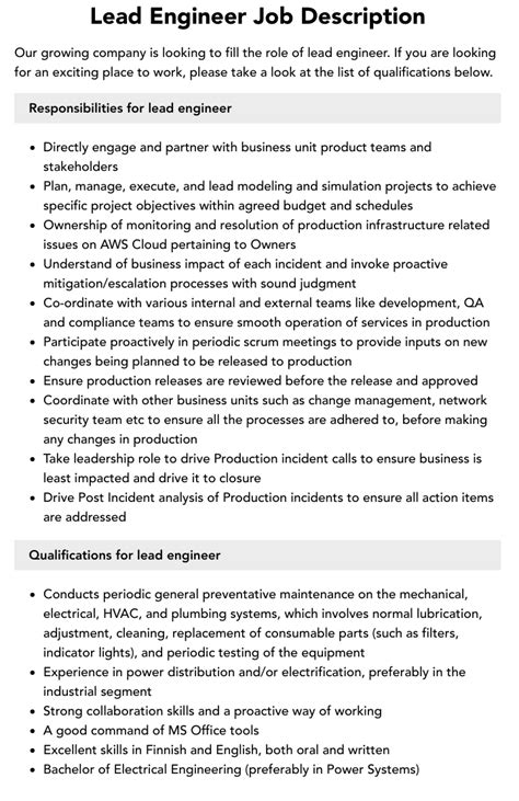 Test Lead Engineer Job Description