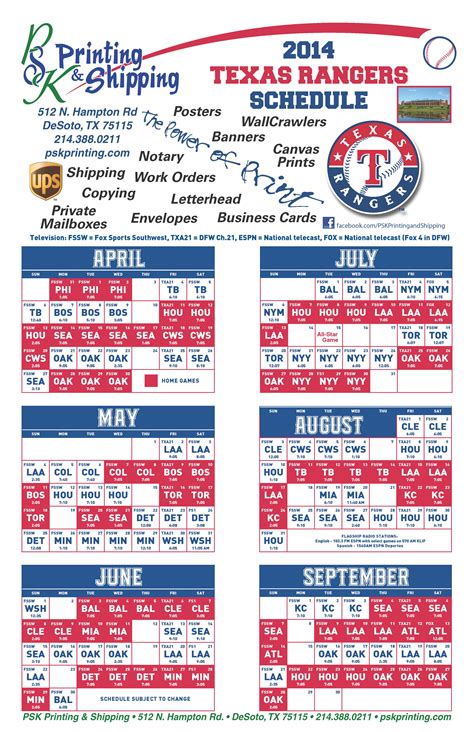 texas ranger game schedule