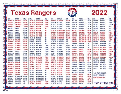 texas rangers printable schedule 2022