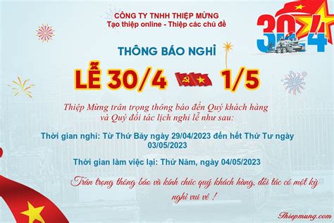 thông báo nghỉ lễ 30/4 và 1/5 của công ty